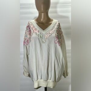 White V-Neck Top with Pastel Embroideryll